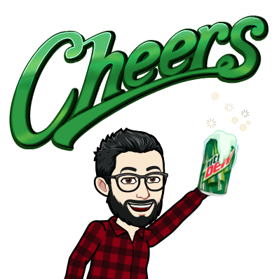 Bitmoji of Charles Felish toasting with Mountain Dew with green text Cheers